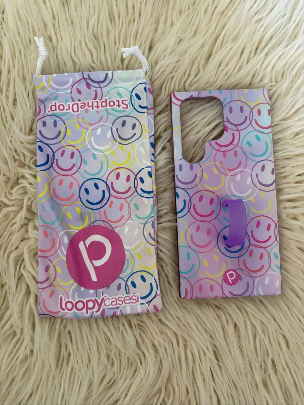 New Galaxy S23 Ultra Smileys Loopy Purple Smiley Faces Anti-Drop Case & Dust Bag